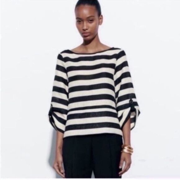NWT Elegant ZARA STRIPED LINEN TOP Size XS - Picture 1 of 13